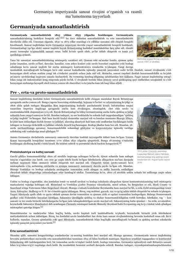 Germaniya imperiyasida sanoat rivojini oʻrganish va rasmli 2