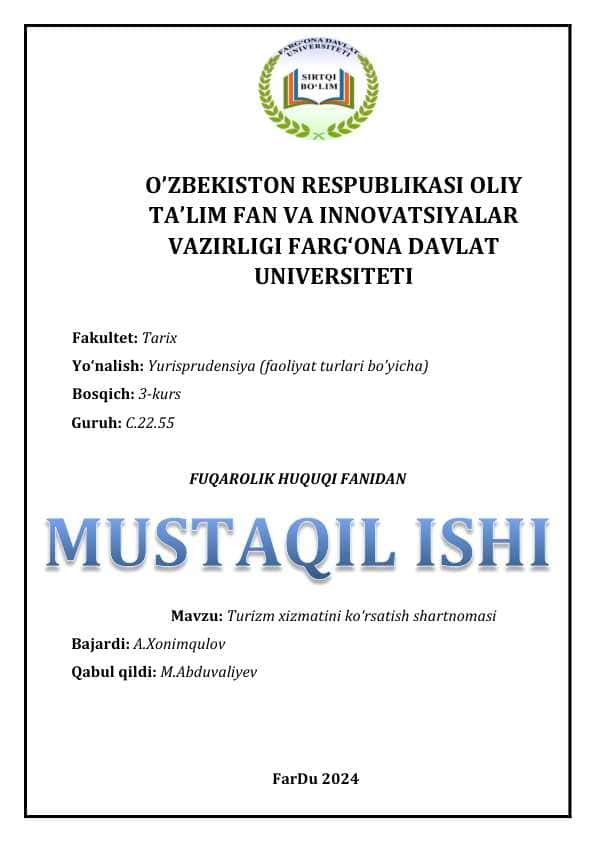 Turizm xizmatini koʻrsatish shartnomasi