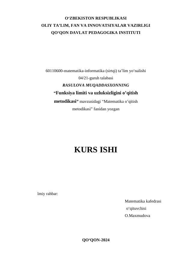 Funksiya limiti va uzluksizligini o’qitish metodikasi