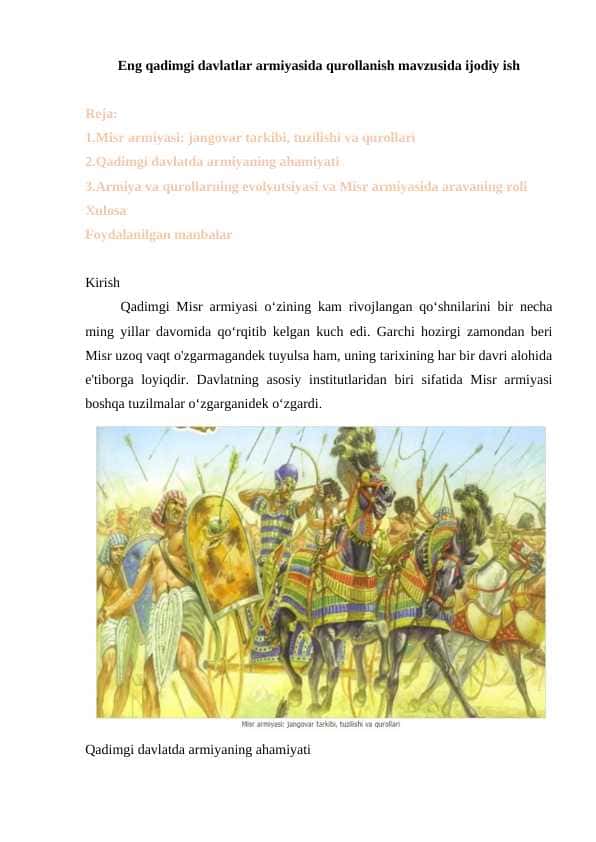Eng qadimgi davlatlar armiyasida qurollanish mavzusida ijodiy ish