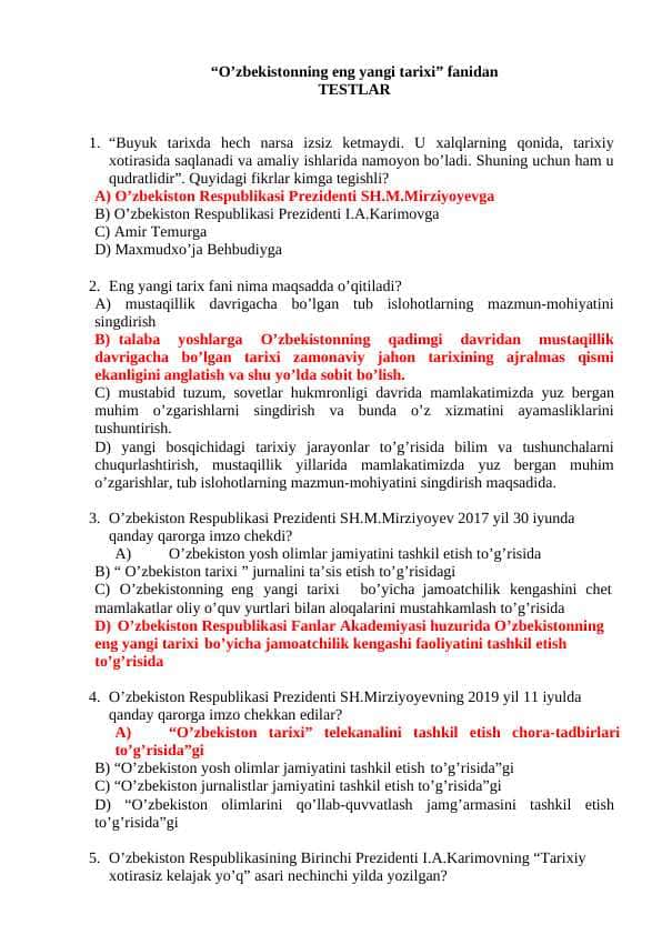 TARIX test javoblari bilan