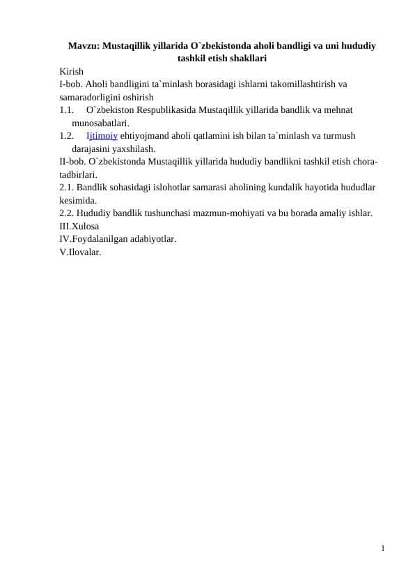 Mustaqillik yillarida O`zbekistonda aholi bandligi va uni hududiy tashkil etish shakllari