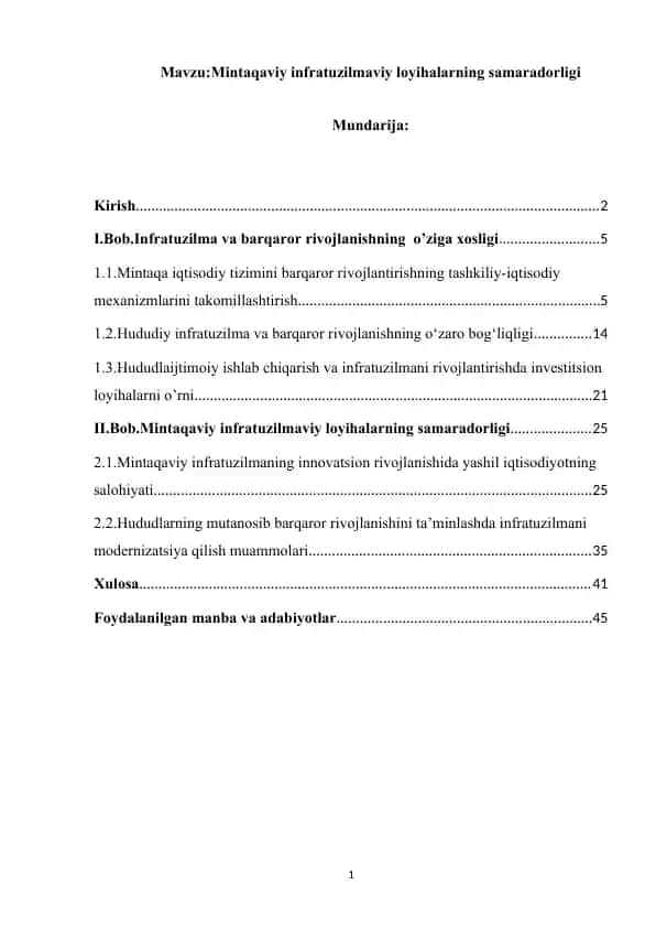 Mintaqaviy infratuzilmaviy loyihalarning samaradorligi