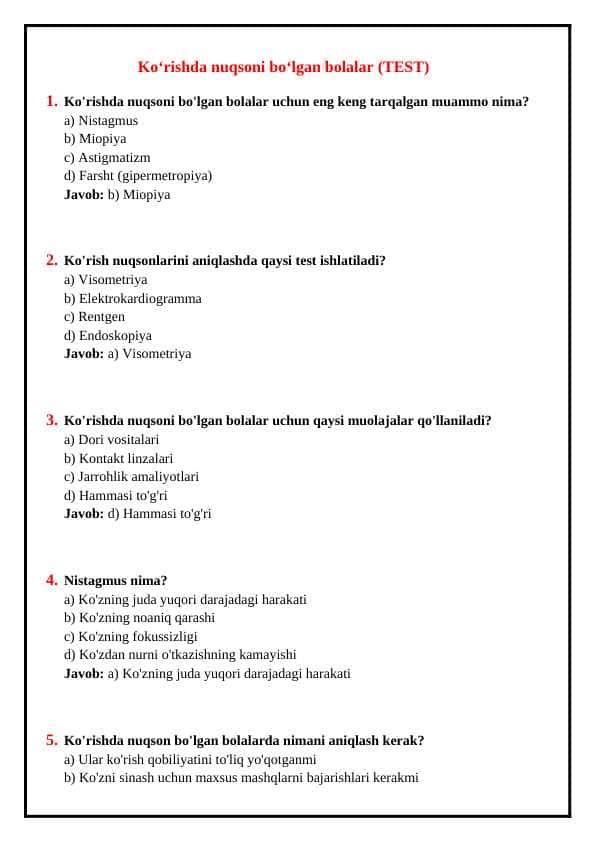 Ko‘rishda nuqsoni bo‘lgan bolalar (TEST)