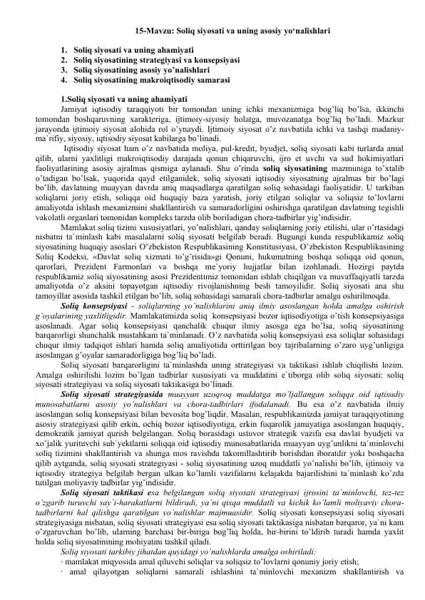 Soliq siyosati va uning asosiy yo‘nalishlari