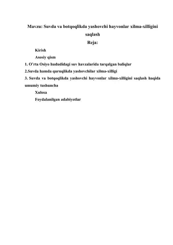 Suvda va botqoqlikda yashovchi hayvonlar xilma-xilligini saqlash