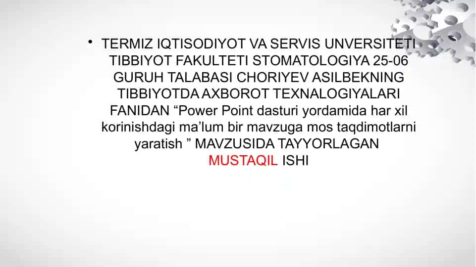 "Power Point dasturi yordamida har xil korinishdagi ma'lum bir mavzuga mos taqdimotlarni yaratish"
