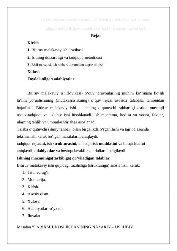 Erkin mavzu asosida rasmiylashtirish qoidalar