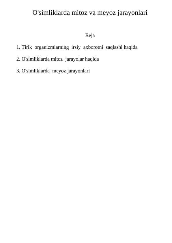 O'simliklarda mitoz va meyoz jarayonlari