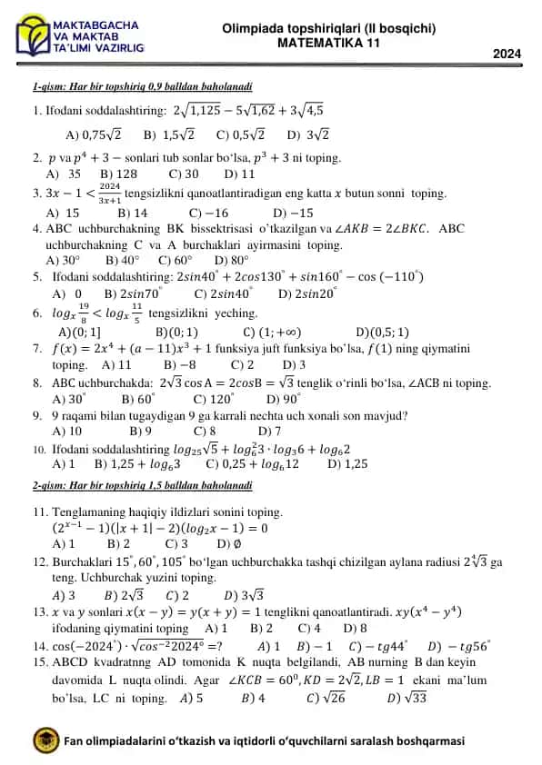 Olimpiada topshiriqlari (11-sinf Matematika tuman bosqichi 2024) MATEMATIKA 11