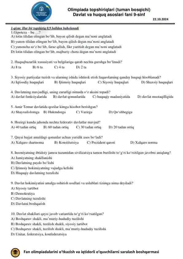 Olimpiada topshiriqlari (9-sinf Huquq tuman bosqichi 2024)