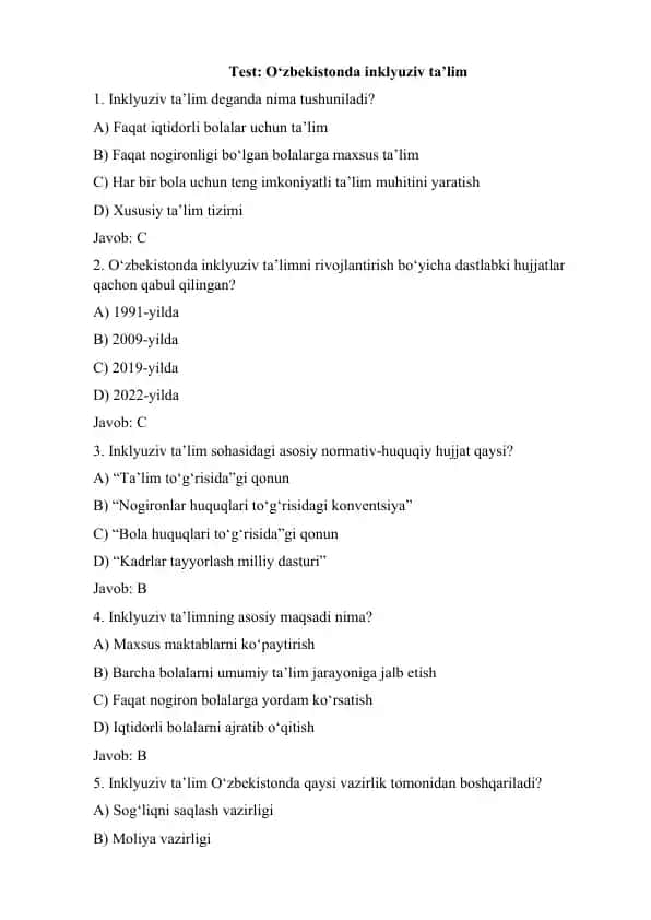 Test O‘zbekistonda inklyuziv ta’lim