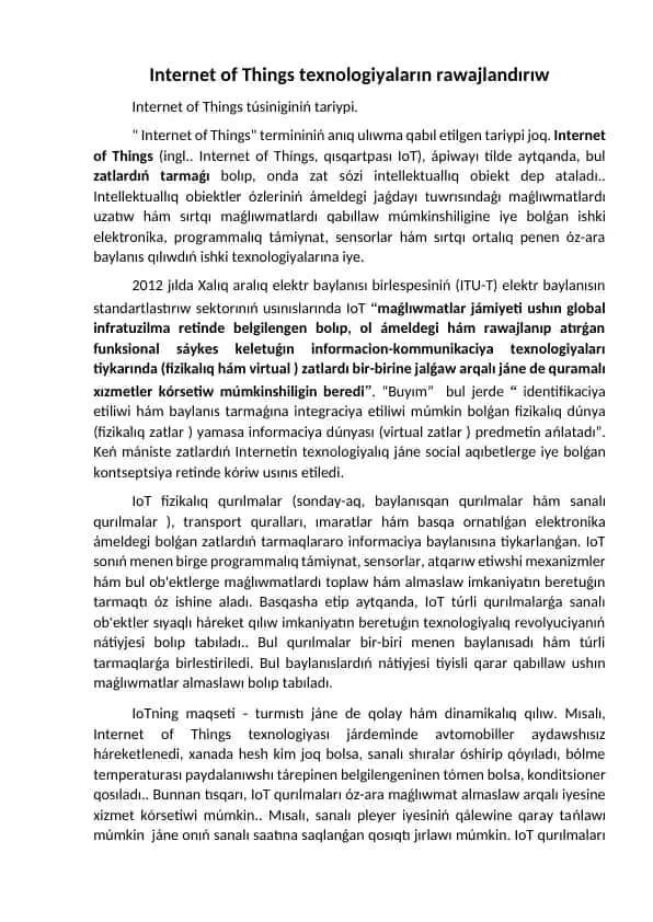 Internet of Things texnologiyaların rawajlandırıw