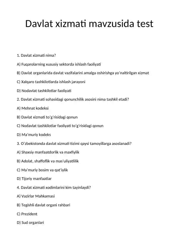 Davlat xizmati mavzusida test
