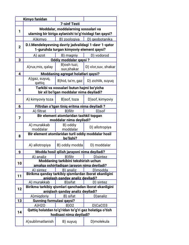 Kimyo 7-sinf test savollari javoblari bilan