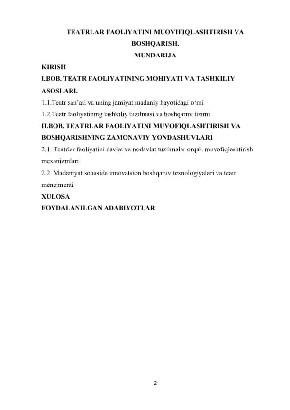 TEATRLAR FAOLIYATINI MUOVIFIQLASHTIRISH VA BOSHQARISH
