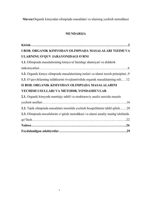 Organik kimyodan olimpiada masalalari va ularning yechish metodikasi kurs ishi