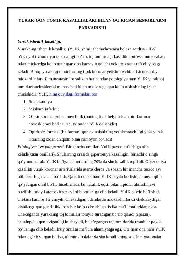YURAK-QON TOMIR KASALLIKLARI BILAN OG'RIGAN BEMORLARNI PARVARISHI