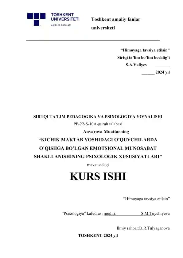 KICHIK MAKTAB YOSHIDAGI O’QUVCHILARDA O’QISHGA BO’LGAN EMOTSIONAL MUNOSABAT SHAKLLANISHINING PSIXOLOGIK XUSUSIYATLARI.docx