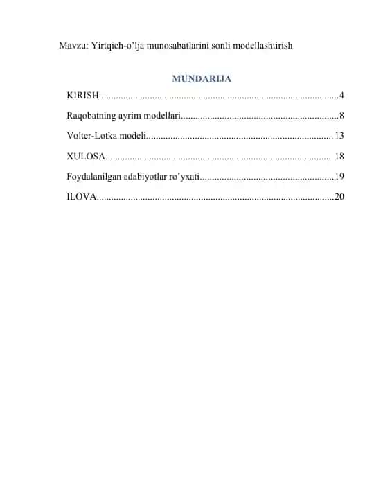 Yirtqich-o’lja munosabatlarini sonli modellashtirish