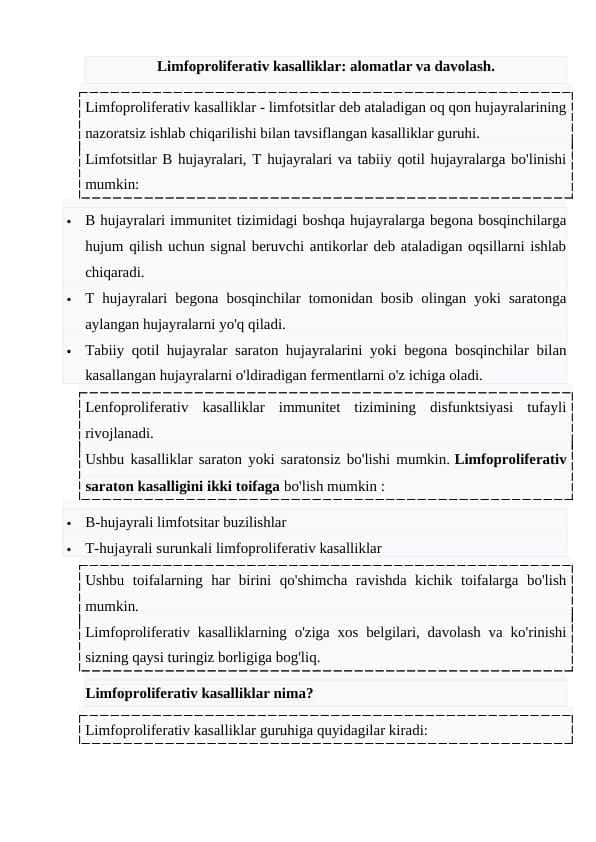 Limfoproliferativ kasalliklar: alomatlar va davolash.