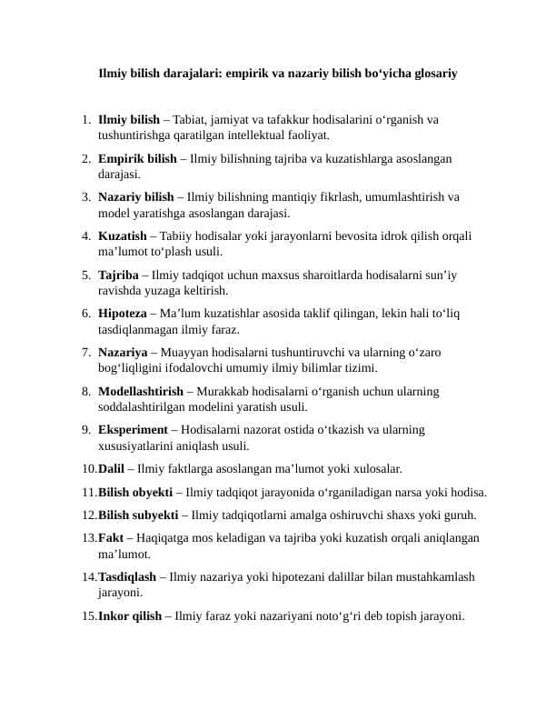Ilmiy bilish darajalari. Empirik va Nazariy bilish glossariysi 6