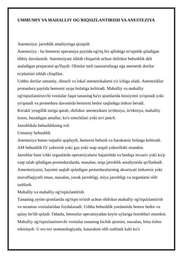 UMMUMIY VA MAHALLIY OG'RIQSIZLANTIRISH VA ANESTEZIYA