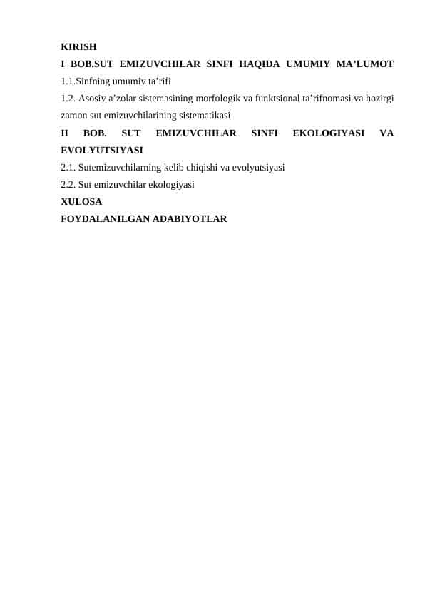 sut emizuvchilar sinfi ekologiyasi va evolyutsiyasi