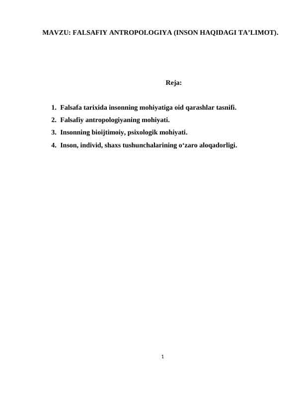 FALSAFIY ANTROPOLOGIYA (INSON HAQIDAGI TA’LIMOT).