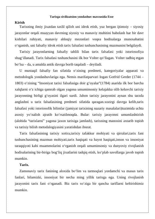 Tarixga sivilizatsion yondashuv mavzusida