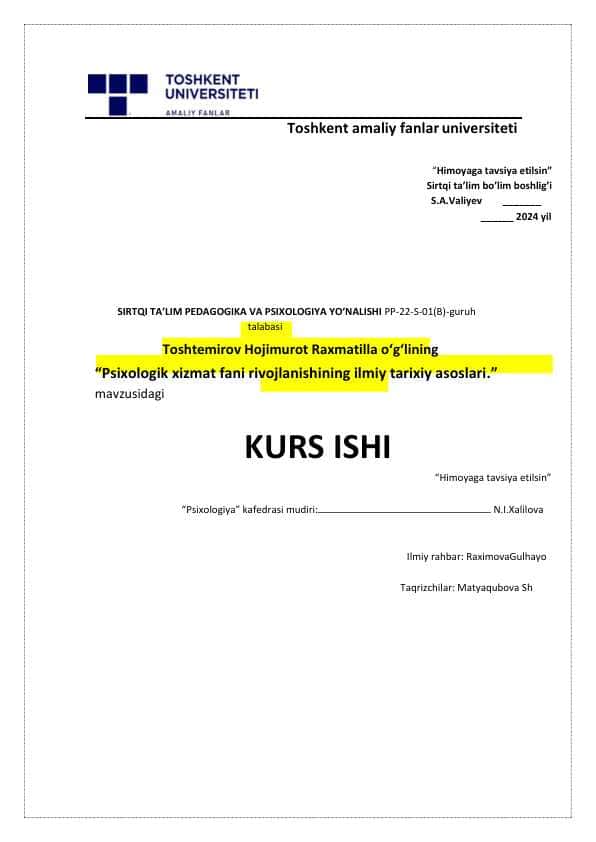 Psixologik xizmat fani rivojlanishining ilmiy tarixiy asoslari