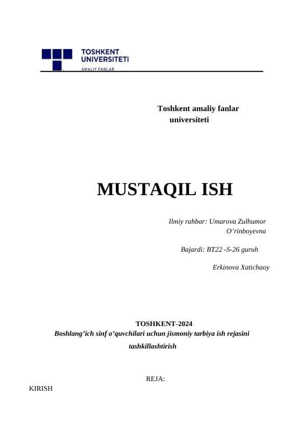 Boshlang’ich sinf o’quvchilari uchun jismoniy tarbiya ish rejasini tashkillashtirish
