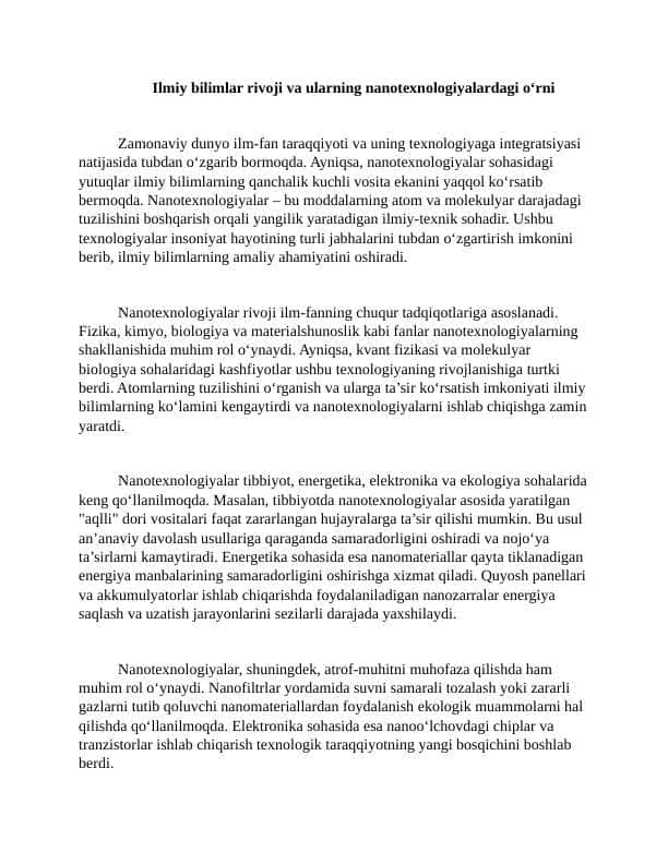 Ilmiy bilimlar rivoji va ularning nanotexnologiyalardagi о‘rni 2 Esse