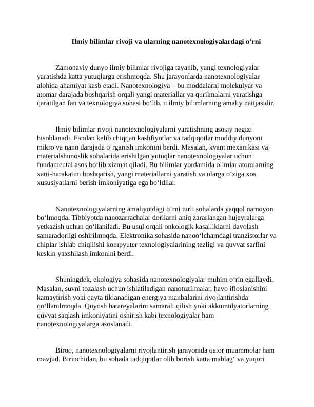 Ilmiy bilimlar rivoji va ularning nanotexnologiyalardagi о‘rni 3 Esse