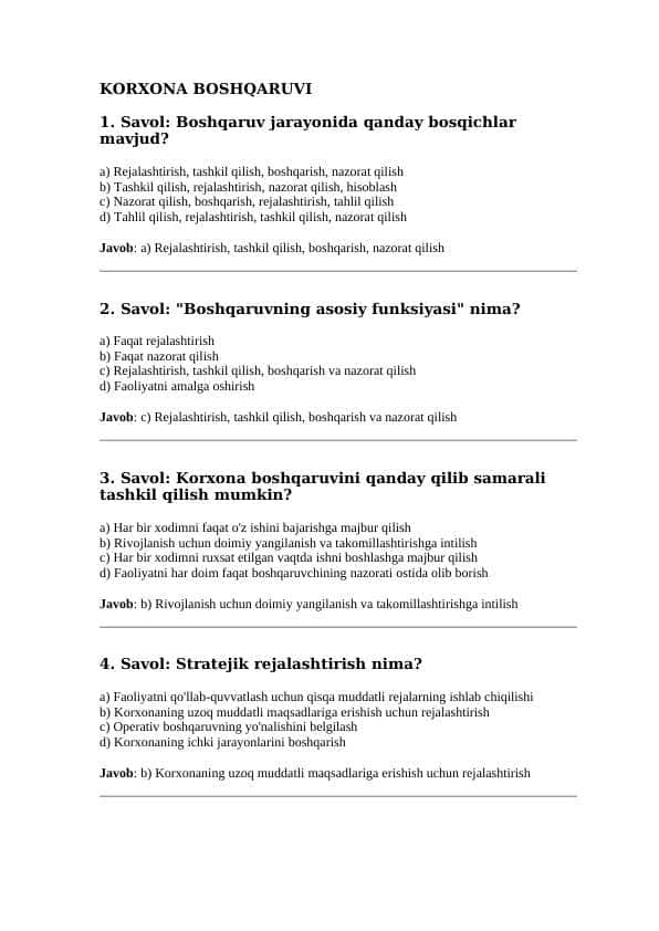 KORXONA BOSHQARUVI FANIDAN TEST JAVOBLARI BILAN (106 TA)