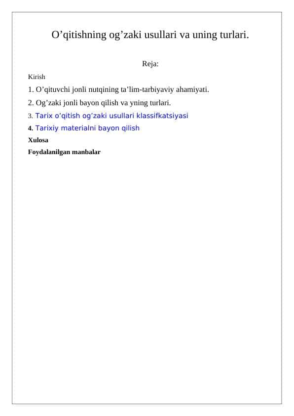 O’qitishning og’zaki usullari va uning turlari. 24