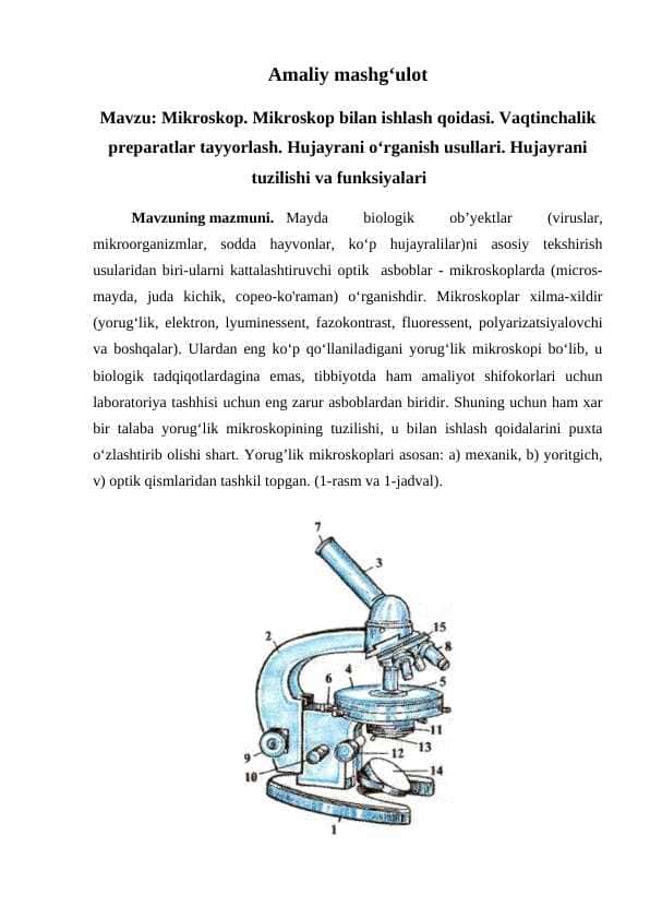 Mikroskop. Mikroskop bilan ishlash qoidasi. Vaqtinchalik preparatlar tayyorlash. Hujayrani o‘rganish usullari. Hujayrani tuzilishi va funksiyalari