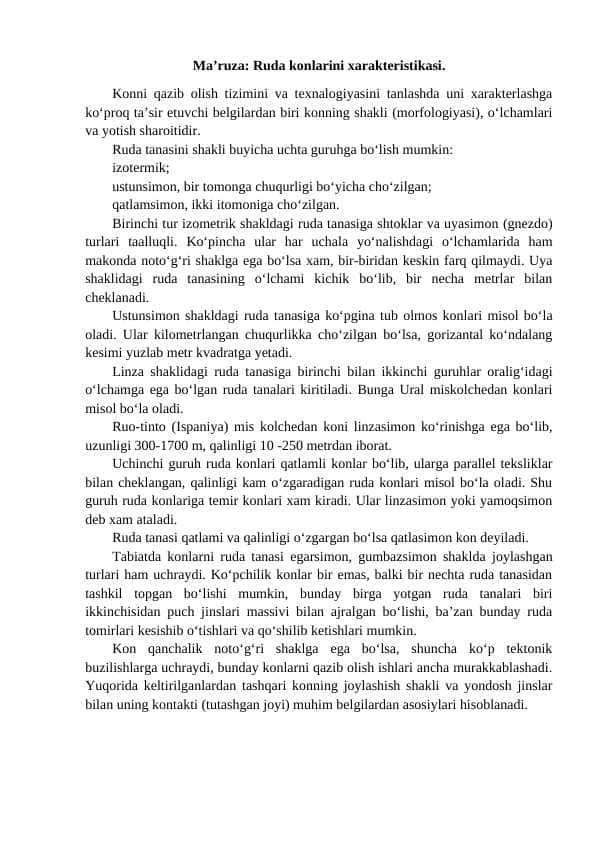 Ruda konlarini xarakteristikasi.