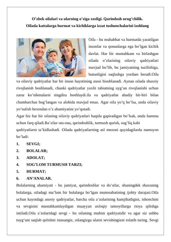 O’zbek oilalari va ularning o’ziga xosligi. Qarindosh urug’chilik.
