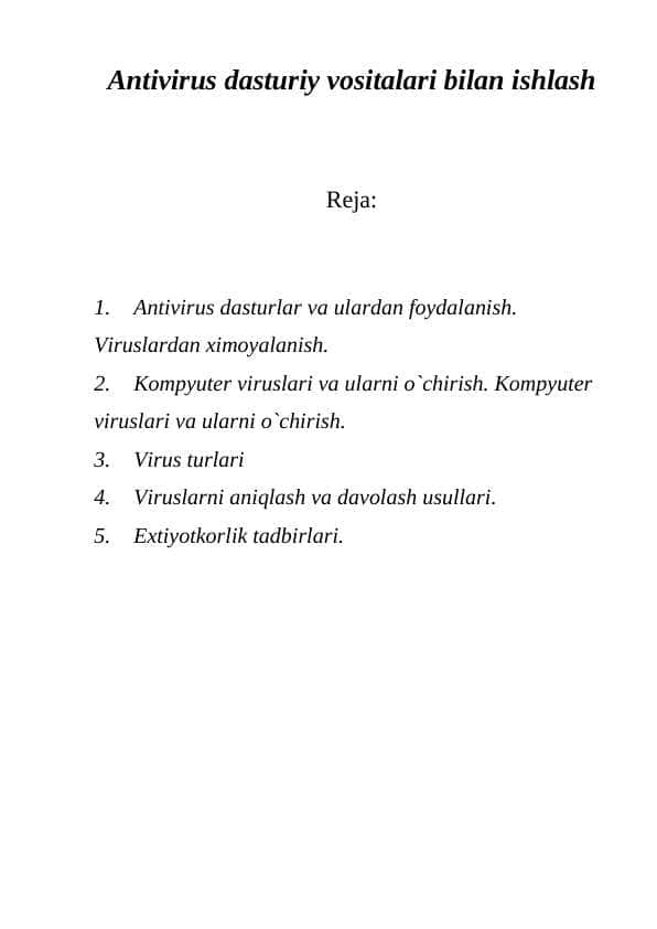 Antivirus dasturiy vositalari bilan ishlash