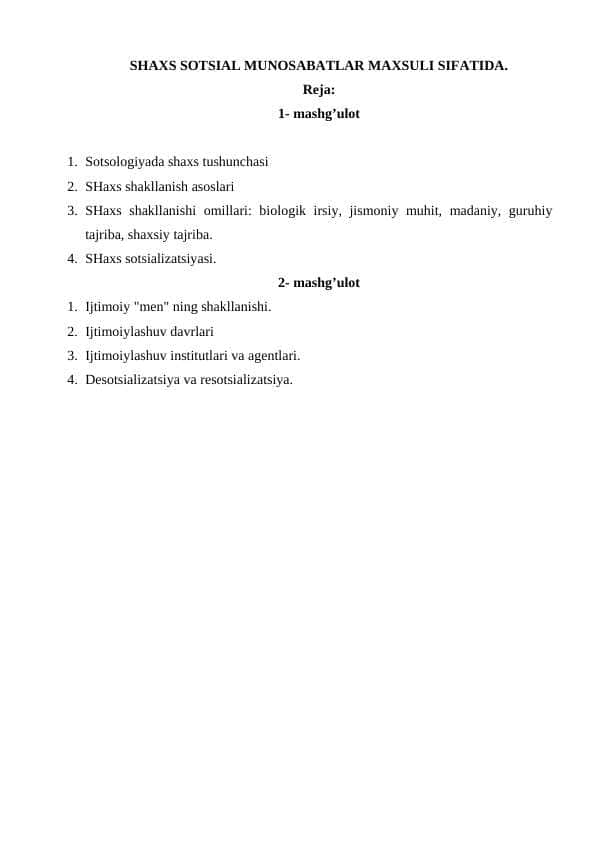 SHAXS SOTSIAL MUNOSABATLAR MAXSULI SIFATIDA