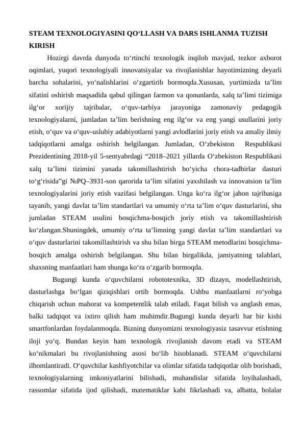 STEAM TEXNOLOGIYASINI QO‘LLASH