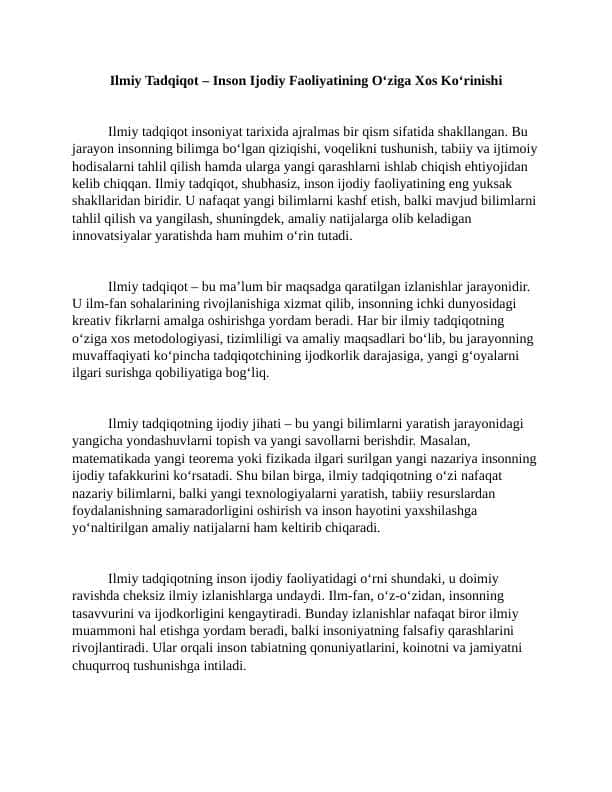 Ilmiy Tadqiqot – Inson Ijodiy Faoliyatining O‘ziga Xos Ko‘rinishi 2 ESSE