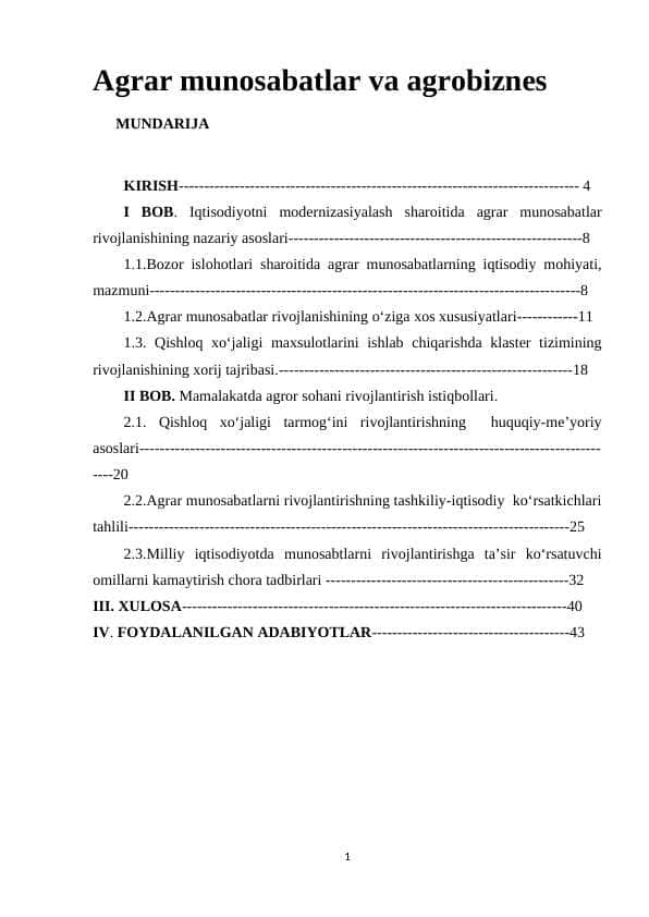 Agrar munosabatlar va agrobiznes