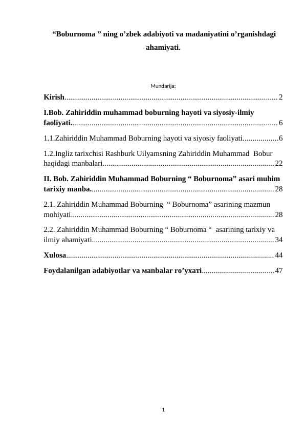 “Boburnoma ” ning o’zbek adabiyoti va madaniyatini o’rganishdagi ahamiyati.