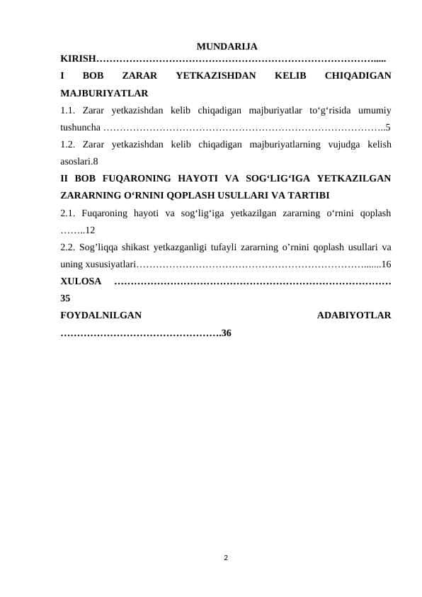 FUQARONING HAYOTI VA SOG‘LIG‘IGA YETKAZILGAN ZARARNING O‘RNINI QOPLASH USULLARI VA TARTIBI