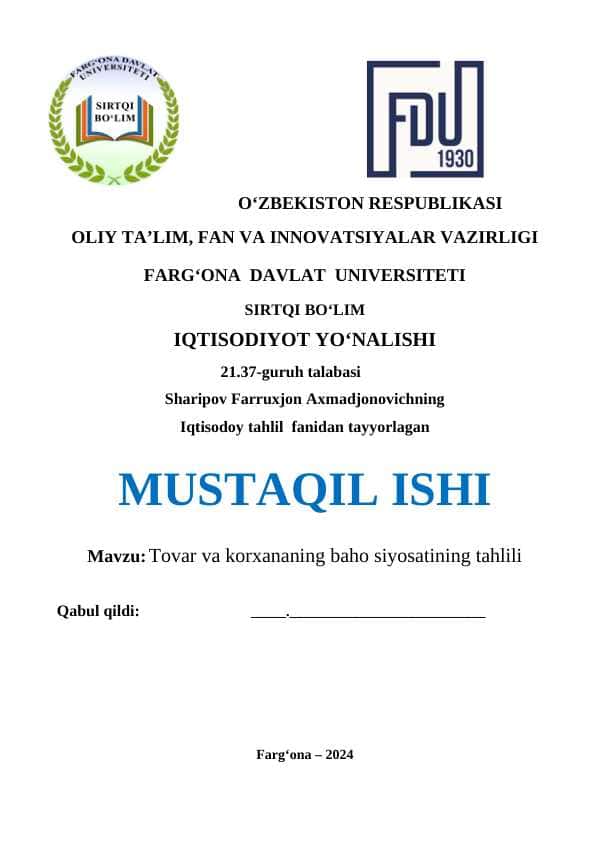 Tovar va korxananing baho siyosatining tah.