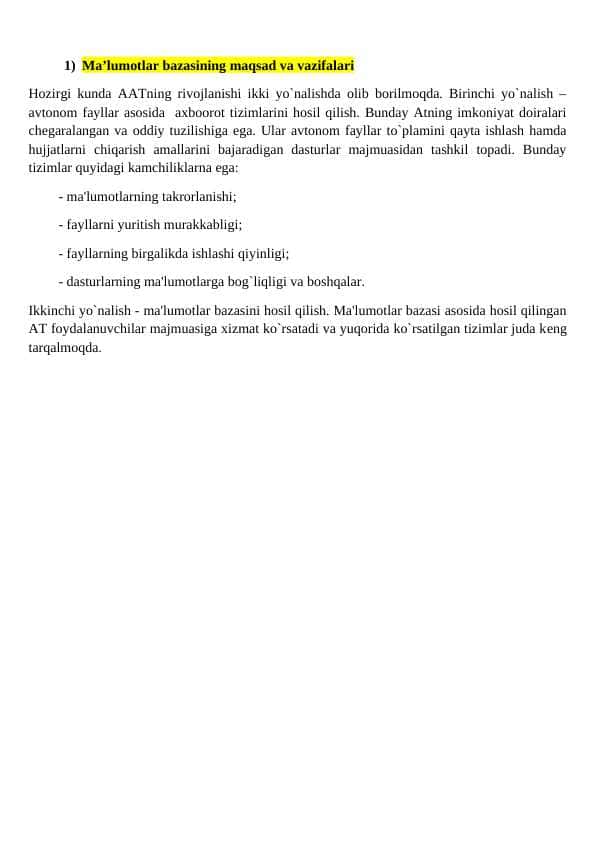 Ma’lumotlar bazasining maqsad va vazifalari