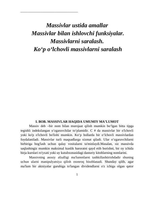 Massivlar ustida amallar Massivlar bilan ishlovchi funksiyalar. Massivlarni saralash. Ko‘p o‘lchovli massivlarni saralash