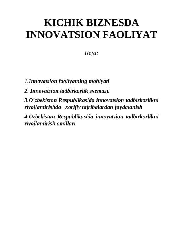 KICHIK BIZNЕSDA INNOVATSION FAOLIYАT